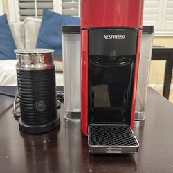 Red Nespresso Machine With Milk Frother 