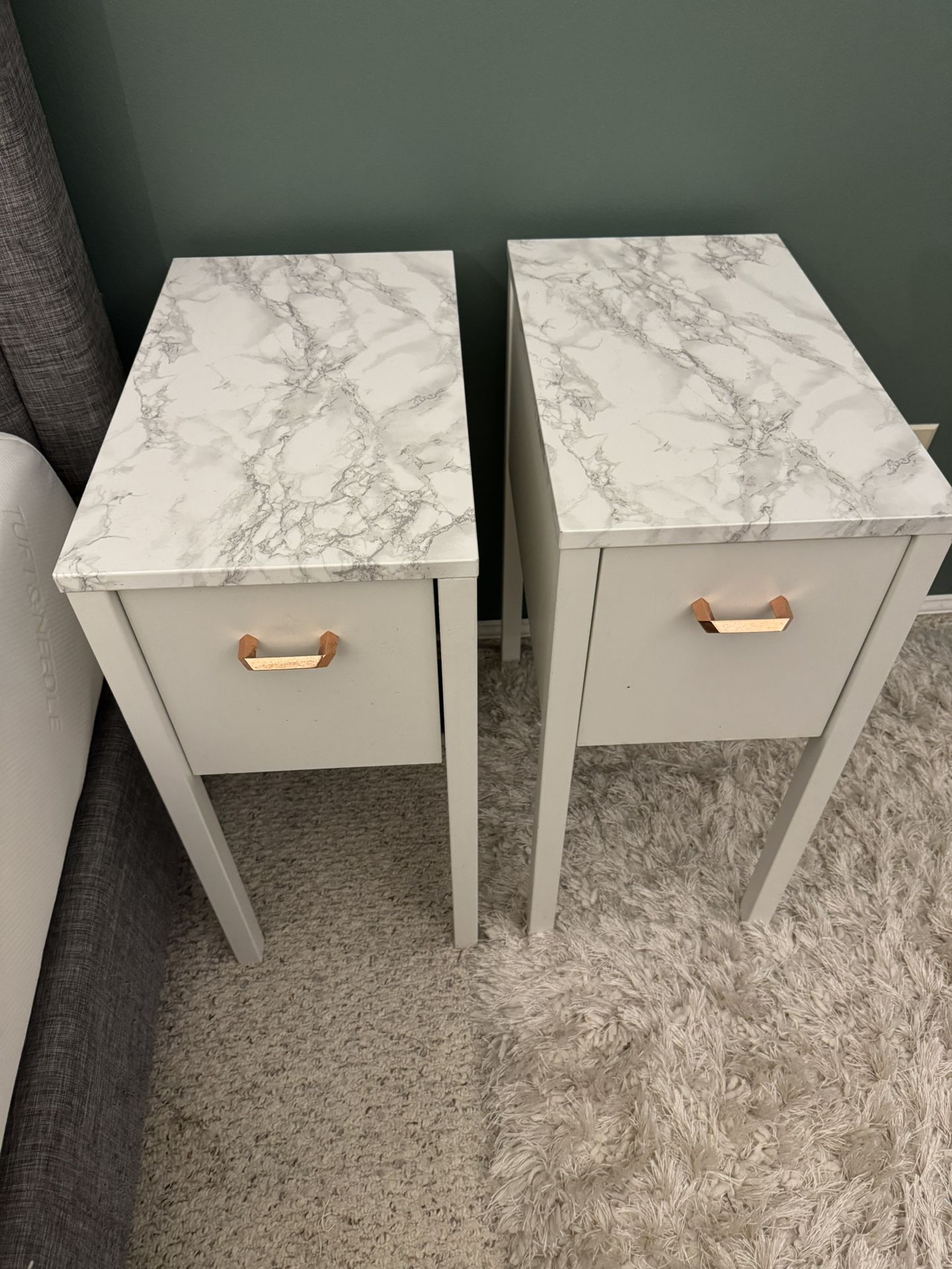White Faux Marble Bedside Tables
