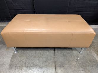Tan Faux Leather Tufted Rectangular Ottoman Bench with Metal Legs
