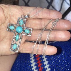 Silver Tone & Turquoise Cross On 925 Italy Silver Chain