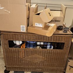 Good condition pre-owned large 36x27.5x24  Rattan dog crate brown , all items will be removed from inside