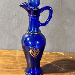 vintage Avon Skin So Soft Cobalt Blue Glass Decanter with Gold Accen