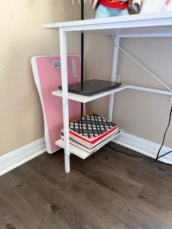Modern White Study Desk with Storage Shelves. Perfect for Students.