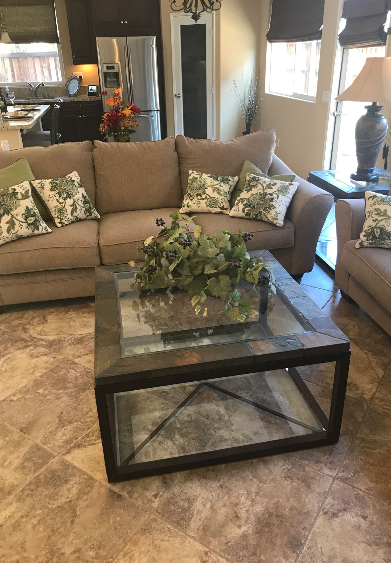 Two sofas with large coffee table / end table and lamp