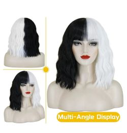 Brand New Cruella de Vil Costume Wig – Short Wavy Bob with Bangs 🖤🤍