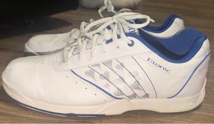 Preowned woman’s size 11 Etonic Women's Bowling Shoes White Blue Glitter Hearts Non-Markings. In great condition located off lake mead and Simmons are