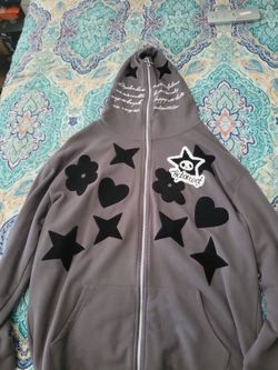 Dark gray, Large,  star pattern embroidered full zip up soft sweatshirt hoodie