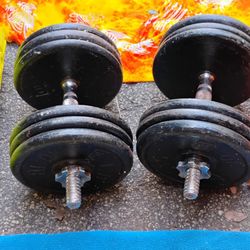 ADJUSTABLE  125 LB.  DUMBBELLS  :  12  (10)   LB.  STANDARD  PLATES  &  2  HEAVY  DUMBBELL  HANDLE  BARS 