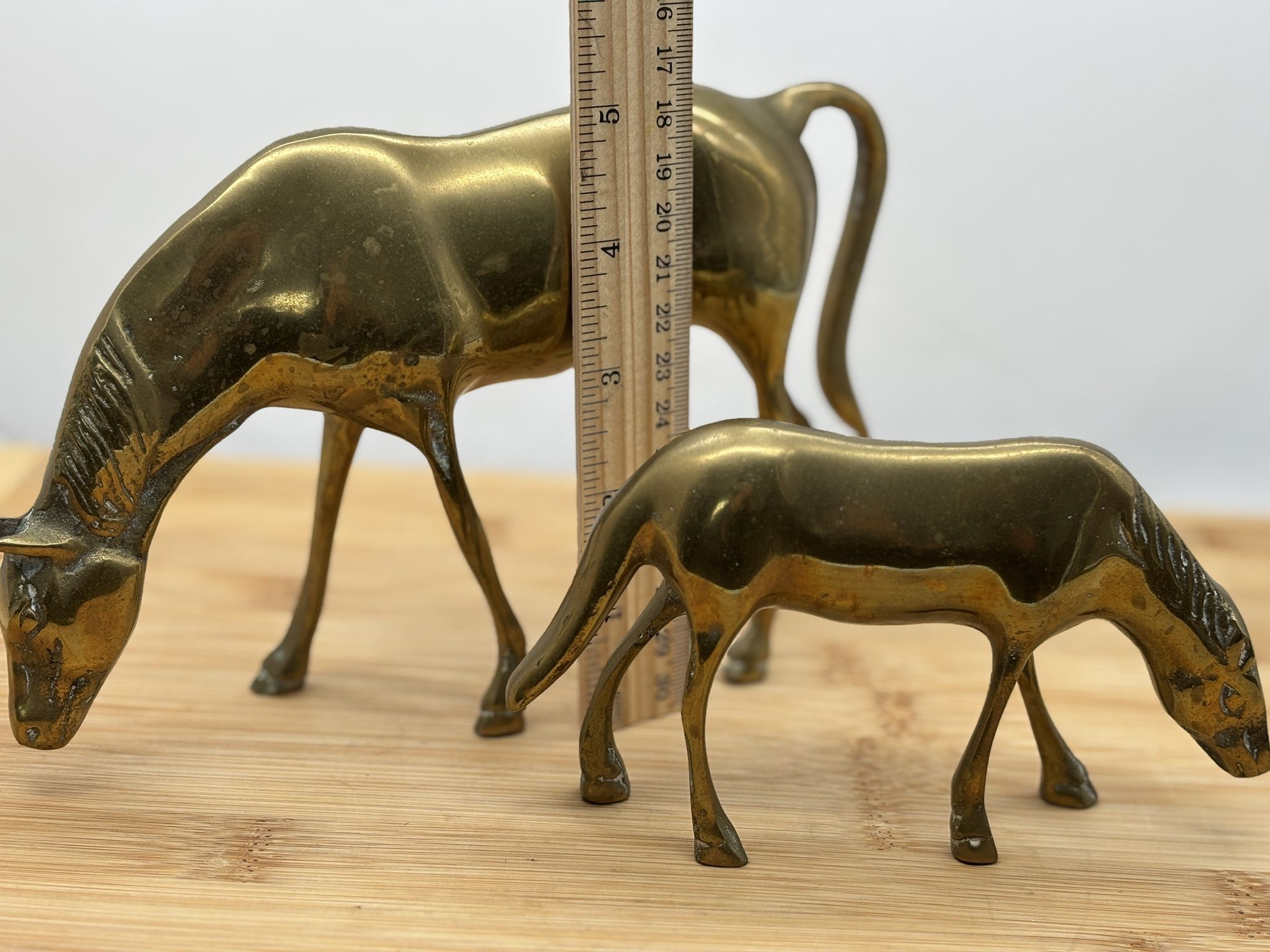 Set of (2) Brass Horses Figures Figurines Grazing 5" & 3"