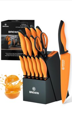 Brewin Knife Set, 15-Piece Kitchen Knife Set with Block, German Stainless Steel Sharp Knives Set for Kitchen with Built-in Sharpener, Ergonomic TPR An