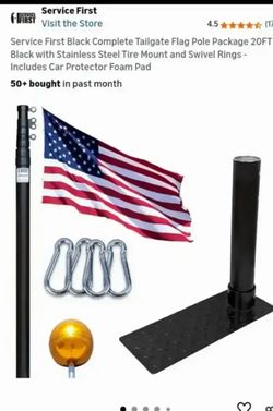 NEW-Service First Black Complete Tailgate Flag Pole Package 20FT Black with Stainless Steel Tire Mount and Swivel Rings - Includes Car Protector Foam 