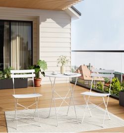 White Folding Bistro Set - Round Table + 2 Chairs, Outdoor Patio