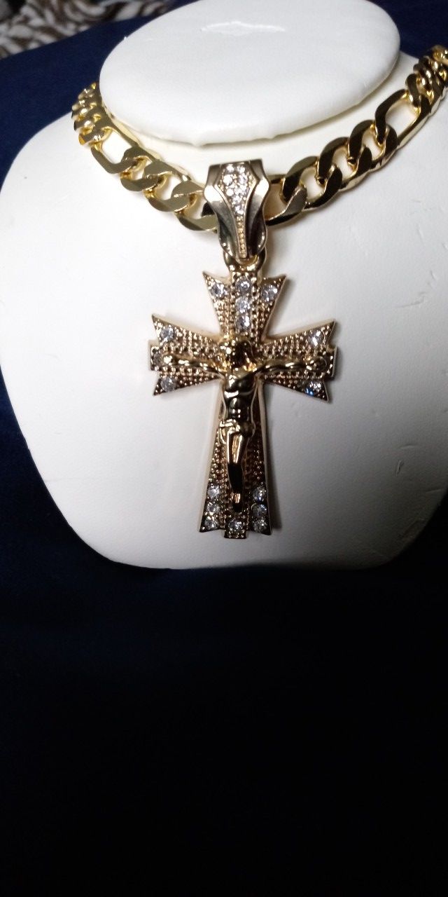 Gold plated zirconia stone cross and chain