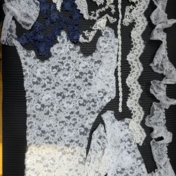 White Lace Pieces And Some Appliqué Royal Blue And White. Bundle Of Lace. All Available 