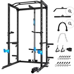 Power Cage, Home Gym. Delivery Available For A Fee - 130 Pounds Of Weights, Bars, Bench, Belt. Multi-Functional Power Rack