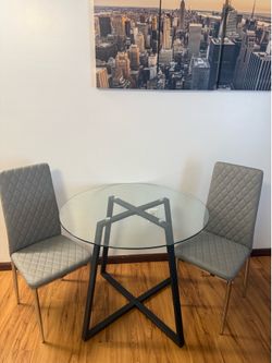 Round Glass Dining Table Set For 2,Modern Tempered Glass Tabletop
