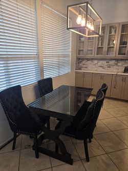 Black Glass Dining / Art Table + 4 Tufted Chairs – $325 OBO