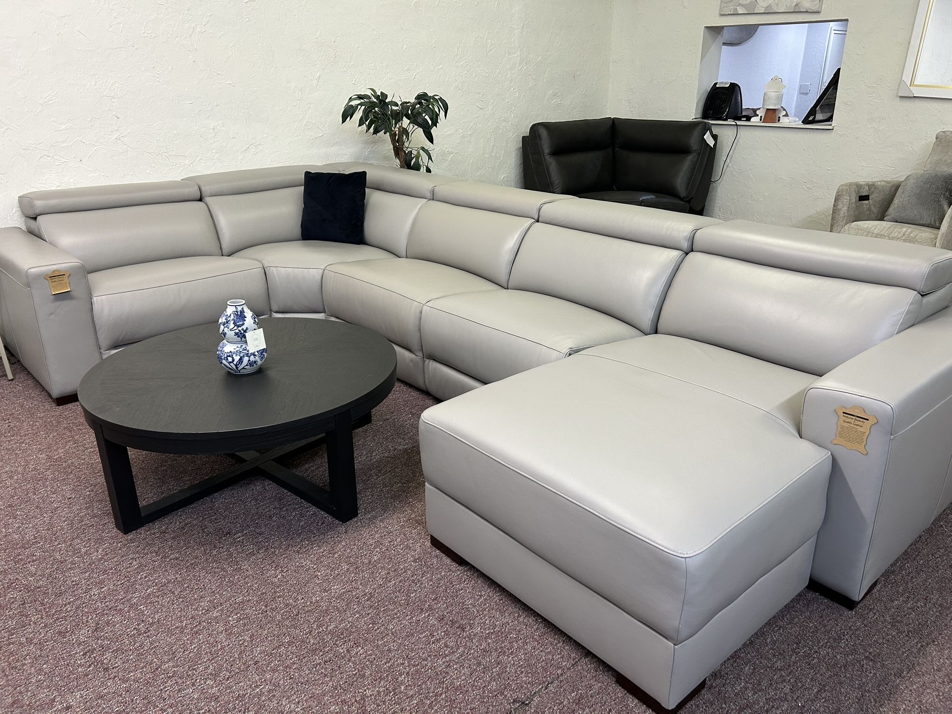 Furniture- 100% Real Top Grain Leather 5 Pc Sectional With 2 Power Recliners- Nevio