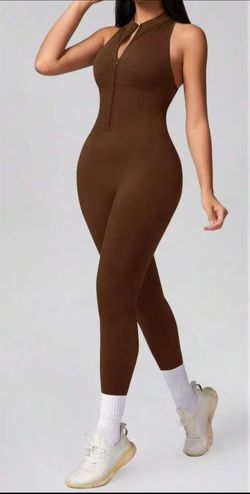 Solid Color Women Casual Everyday Yoga Comfortable Activewear Sleeveless Jumpsuit Zip Front Workout For Fitness Gym Running And Outdoor Activities
