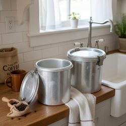 Pair Vintage Community Coffee Fresh-O-Lator Aluminum Canisters Airtight Lid Jar Mid Century