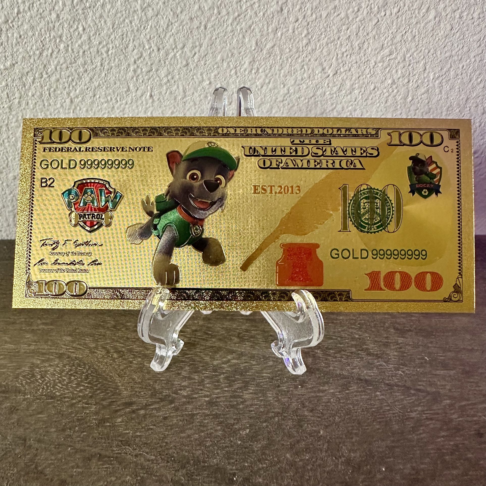 24k Gold Foil Plated Rocky Paw Patrol Banknote Cartoon Collectible