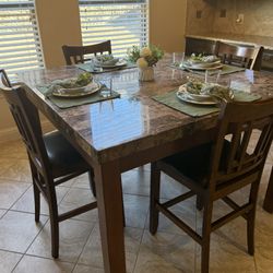 Breakfast Table w/ Stone Top + 8 Counter-Height Chairs