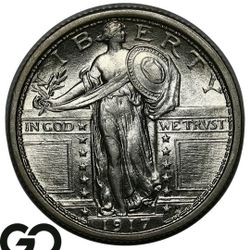 Uncirculated 100%  Genuin. High Relief (1917-P) Standing Liberty Quarter, Type 1, Full Head, Gem. Silver Coin.  BU++ FH