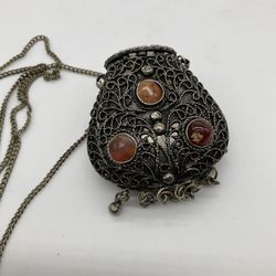 VINTAGE METAL PURSE/NECKLACE  WITH NATURAL AGATE STONES AND CHAIN STRAP/SAJAI