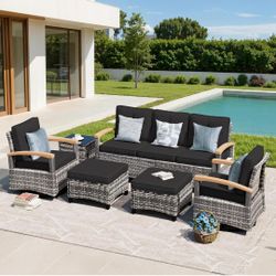 6 Pieces Patio Furniture Sets,Wicker Patio Conversation Sets with 2 Wood Armrests Swivel Glide Chairs, 2 Ottomans for Deck Yard and Poolside (Black)