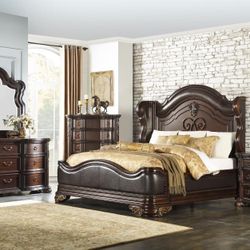 4 PIECE QUEEN BEDROOM SET BED FRAME DRESSER MIRROR NIGHTSTAND