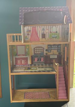 Large Wooden Dollhouse with Printed Rooms