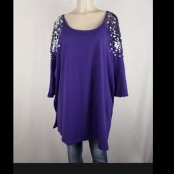 ROAMAN's  Tunic Top Blouse purple  & silver  Sequin Shoulders  2X( 26/28)