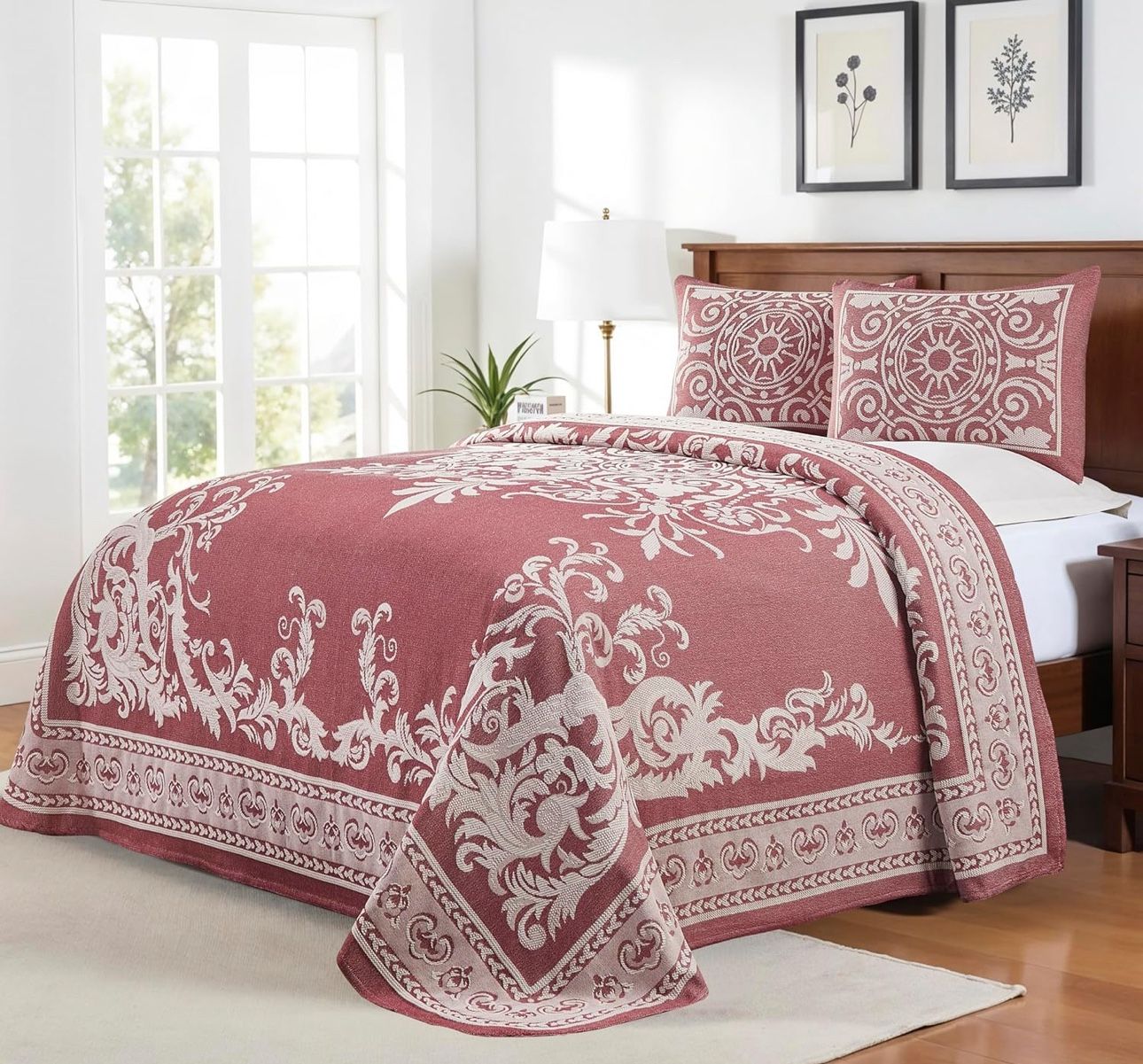 New King Size Superior Cotton Blend 3-Piece Bedspread Set, Oversized, LightWeight, Berry Red