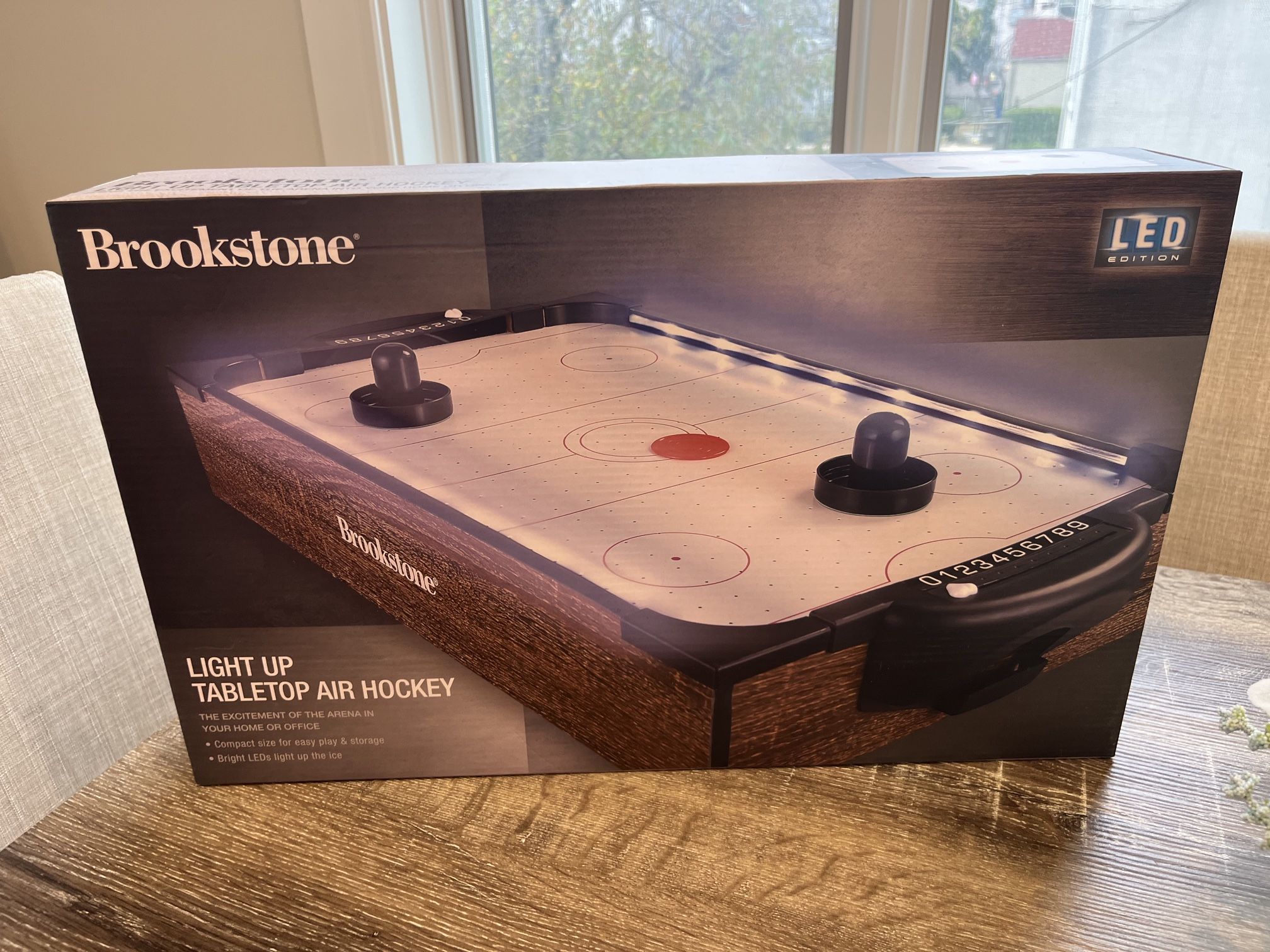 Brookstone Light Up Tabletop Air Hockey Table-NEW