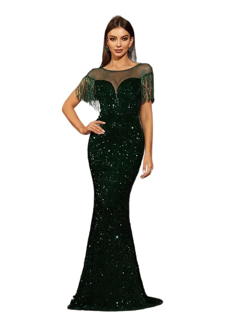 Emerald Green Sequin Evening Gown, Mermaid Style, Sheer Sleeve with Fringe Detail, Long Formal Dress