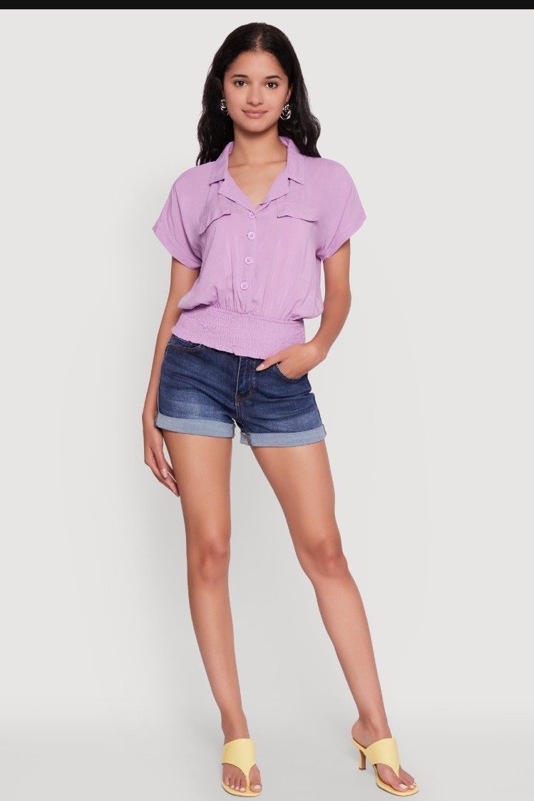 Trendy Lavender Smocked Waist Button Up Top