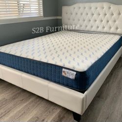 Queen White Crystal Button Bed With Ortho Matres!