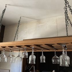 Suspended Glass Wine Rack - Cost 375.00   Like New Condition  Solid Oak