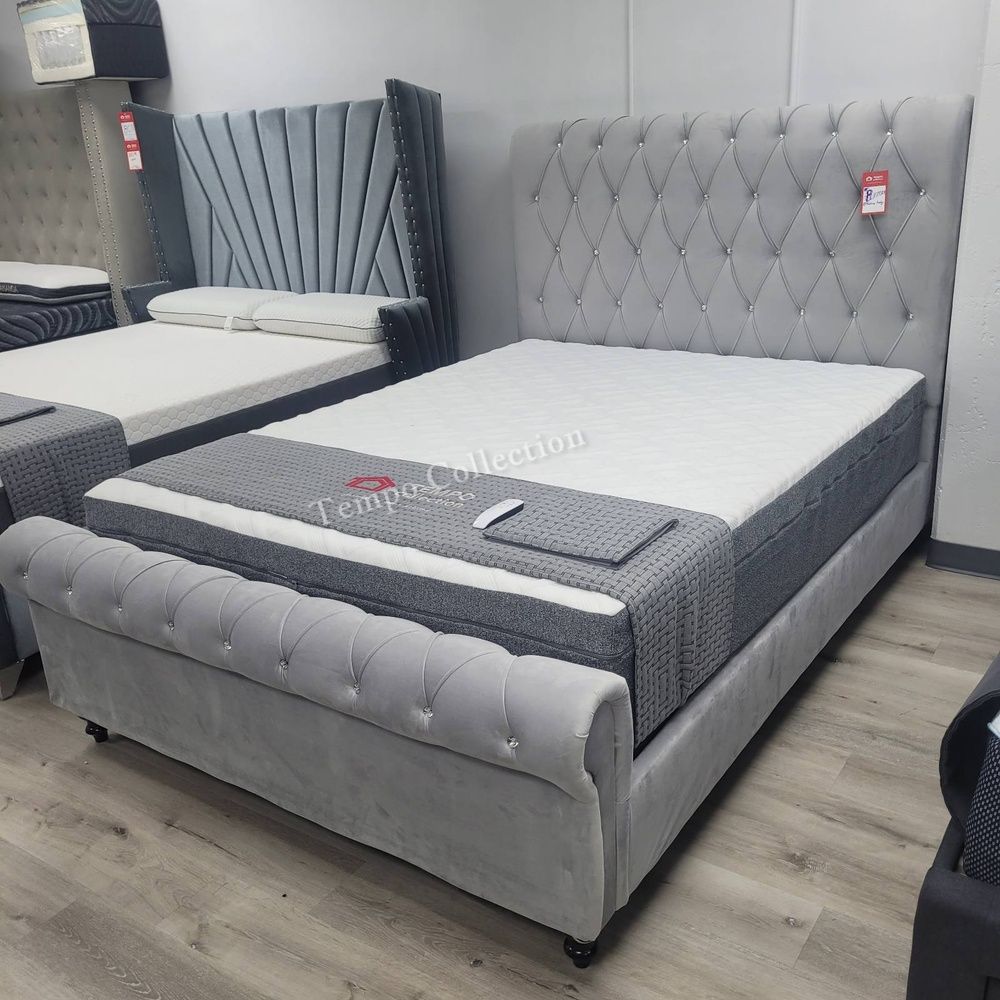 Queen Size Velvet Rolled Top Tufted Platform Bed Frame, Light Gray Color, SKU#107668Q