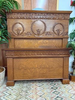 Antique Victorian Carved Oak High Back Queen Bed