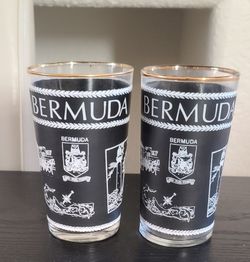 Vintage 60s MCM 
Black Highball Cocktail "Bermuda" Print Glasses Tumblers Set.