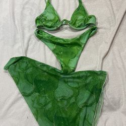 3 Piece Green Bikini Set with Sarang/Cover Up Skirt