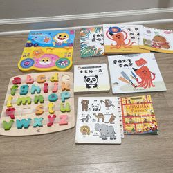 Toddler kid book lot + missing pc hape alphabet puzzle