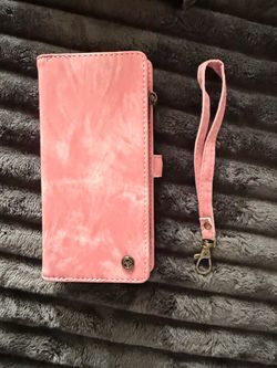 Pink Leather Wallet IPhone 13 Pro Max Case with Wristlet