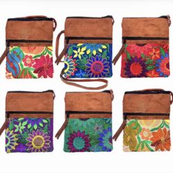 Small Embroidered Floral Leather Crossbody Purse Passport Bag