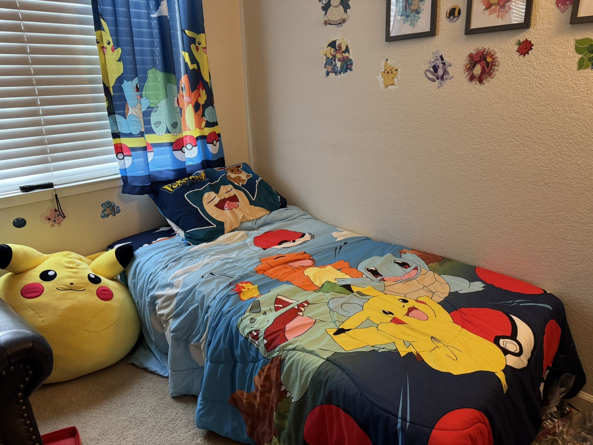 Twin Metal Bed frame, Mattress And Pokemon Bedding