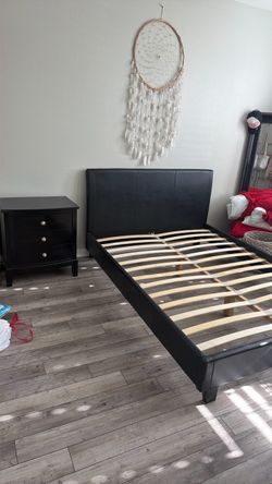 Queen, bed frame, and night table