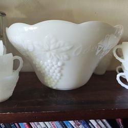 Anchor Hocking milk glass punch bowl with cups set