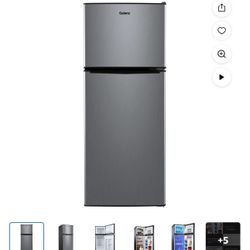 Galanz 4.6. Cu ft Two Door Mini Refrigerator with Freezer, Stainless Steel, New, Width 19.13"'