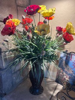 Artificial Poppy Floral Arrangement in Wicker Vase